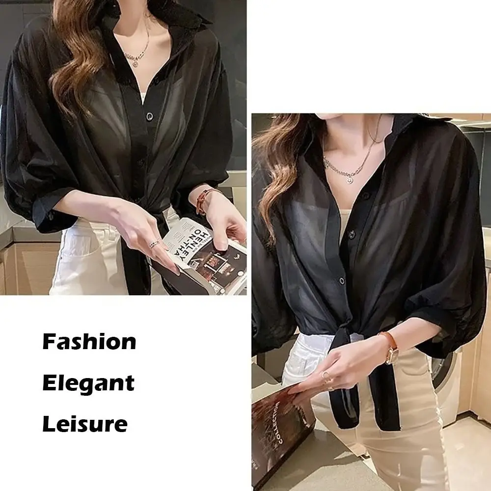 Women Tops Chiffon Sun Protection Shirts Solid Color Tied Waist Half Sleeve Button Blouse Chiffon Shirt Ladies