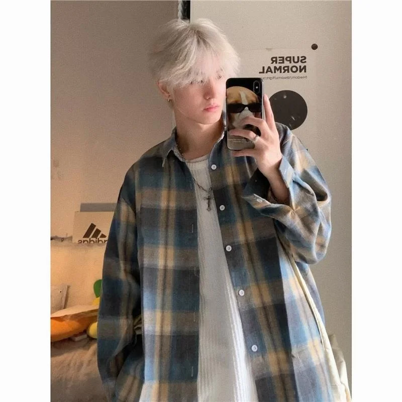 

Summer Large Size Plaid Long Sve Men's irt Trendy American Street Sle Retro Loose Casual Outerwear Polyester Fabric