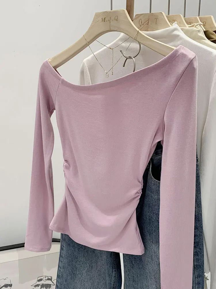 Slim Fit Long Sleeve T-Shirt Women's Sexy Chic Shoulder Angle Waist Inward Outwear Korean Style Commute Pure Color Cotton Blend