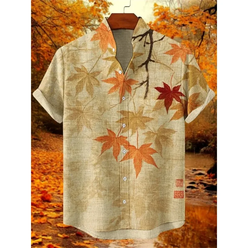 

Summer Men's Linen Shirt Maple Leaf Button Up Fashionable Stand Up Collar High-Quality Streetwear Printed Short Sleeve