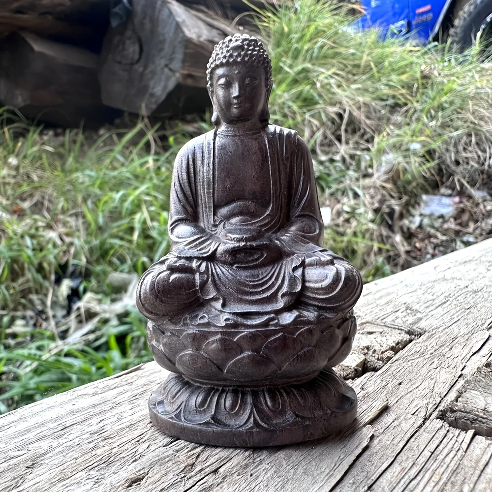 Estatua de Buda de madera grande de 3,2 pulgadas, adorno tallado a mano, estilo folclórico, adecuado para decoración del hogar, decoración de mesa de té, adorno de escritorio, oficina, decoración de centro de mesa, regalo de inauguración de la casa