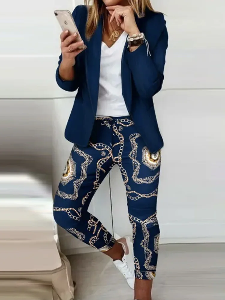 Elegant Office Women Blazers Pants Outfits Chic Lady Print Long Sleeve Two Piece Set Casual All Season Slim Pants Matching Suit