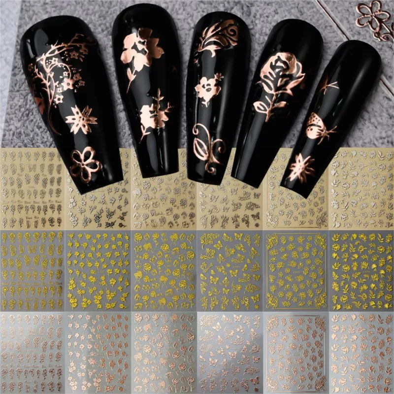 6Pcs/set Hot Stamping Rose Butterfly Nail Stickers Luminous Effect Colorful Gradual Nail Art Decals Laser Line Manicure Decorati