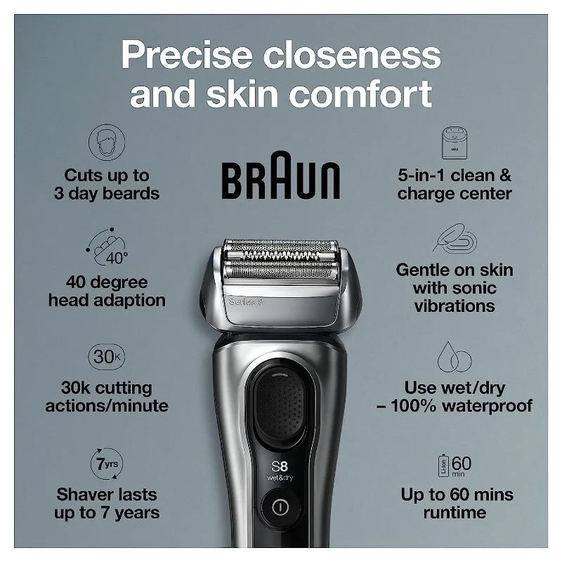 BraunElectric Razor for Men Series 8 8467cc Electric Foil Shaver with Precision Beard Trimmer Cleaning Charging SmartCare Center