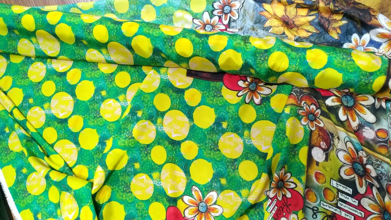 High Quality Crepe de Chine Real 100% Mulberry Silk Fabric sewing supplies minority Dress Yellow Circle Prints circle Cloth Free