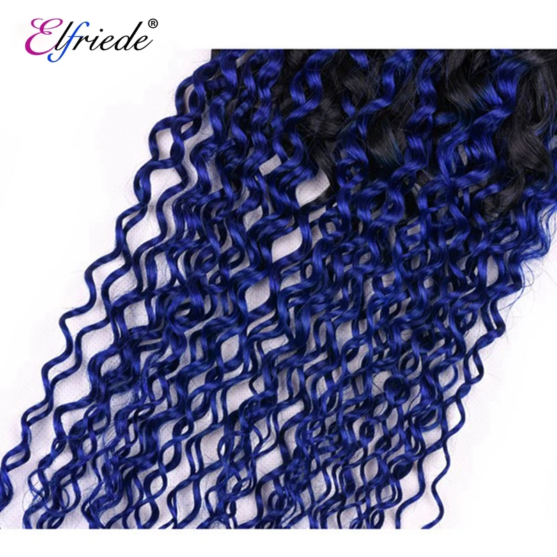 Elfriede-Mèches Brésiliennes Naturelles Crépues et Bouclées Ombré # T1B/Bleu, avec Closure, 3 Lots, 4x4