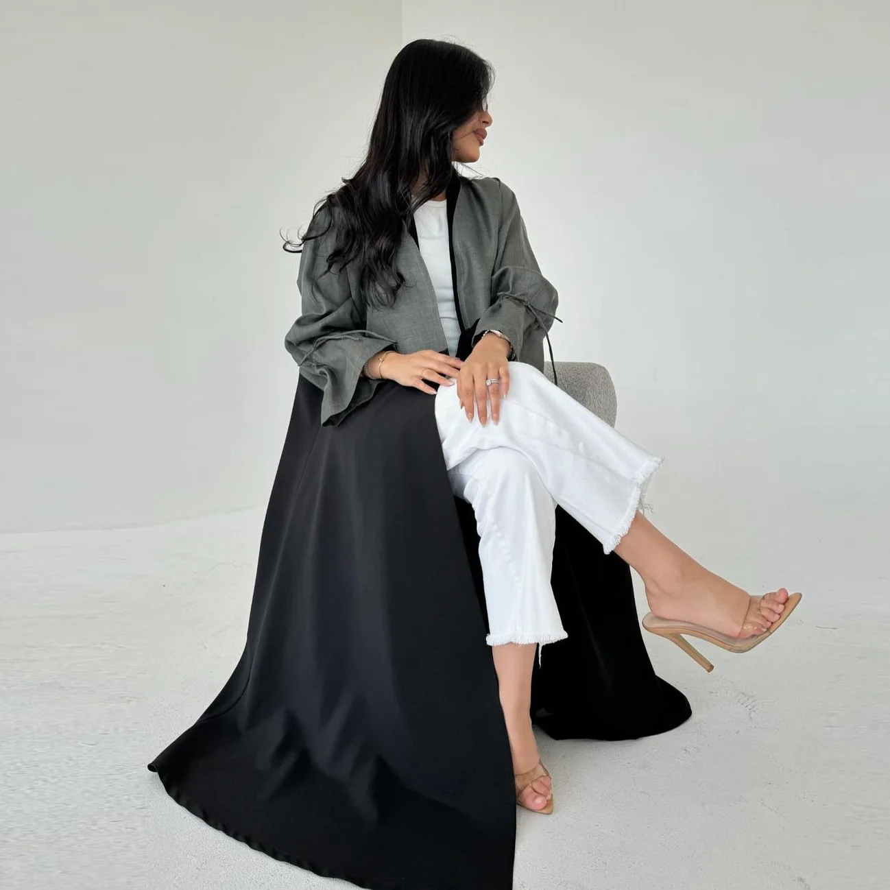 

Turkey Style Modest Patchwork Abaya Coat with Drawstring Cuffs - Fashionable Open Front Long Robe