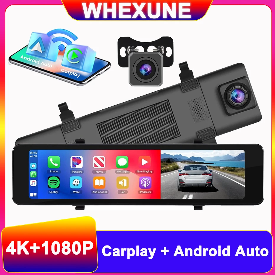 4K UHD Dual Lens Dash Cam GPS Night Vision Supports Wireless Apple Carplay and Android Auto Voice Control Rearview Mirror Camera