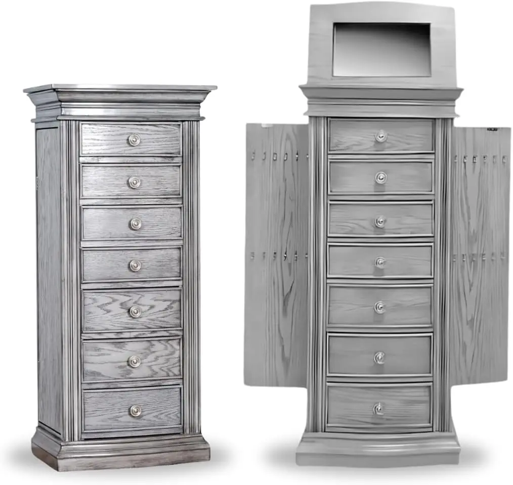 HIVES&HONEY Luke Wood Jewelry Cabinet Armoire Storage Box Chest Stand Organizer Necklace Holder in Smoke Grey