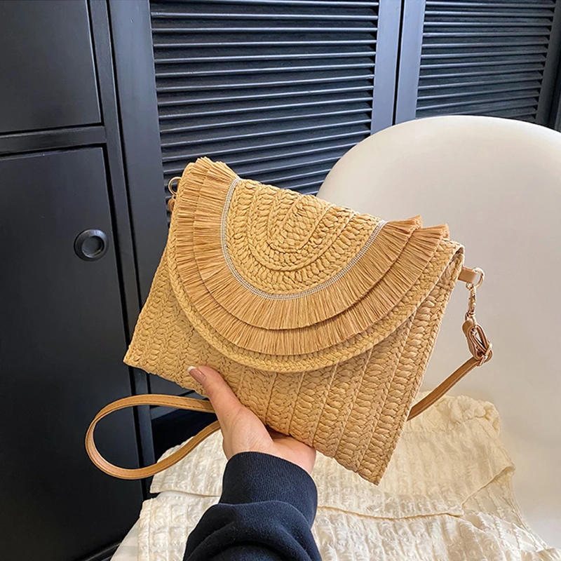 Raffia Straw Weaven Bags Fashion Ladies Wrist Clutches Summer Women Shoulder Crossbody Bags Handmade Handbags Purse Beach Bag