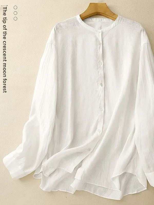 

Весна 2026: Женская свободная повседневная рубашка из хлопка и льна с круглым вырезом, защитой от солнца, однотонная, простой дизайн, длинный рукав, открытый кардиган