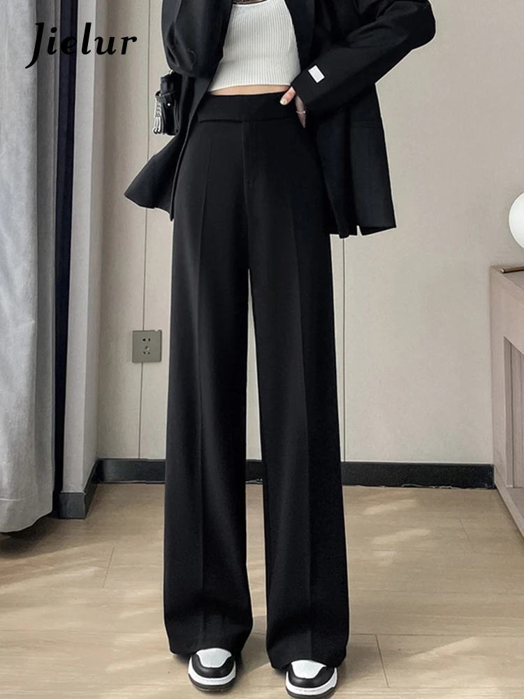 Jielur Chic Straight Zipper New Casual Women Pants High Waist Loose Pure Color Fashion Office Lady Simple Female Wide Leg Pants