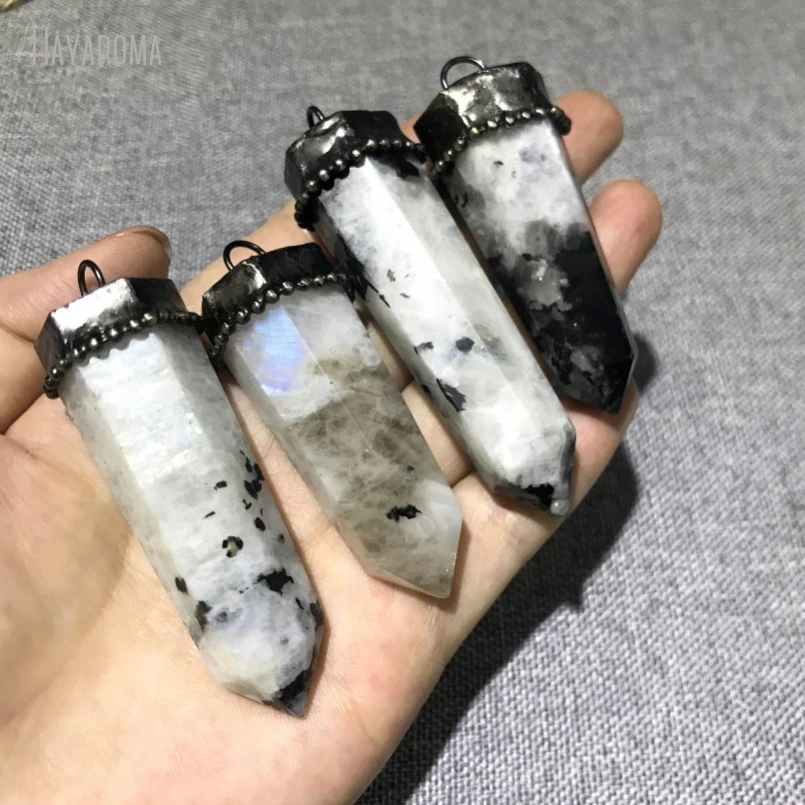 10Pcs Wholesale Antique Silver Color White Moonstone Vintage Handmade Jewelry Soldered Hexagonal Prisms Point Pendant PM44740