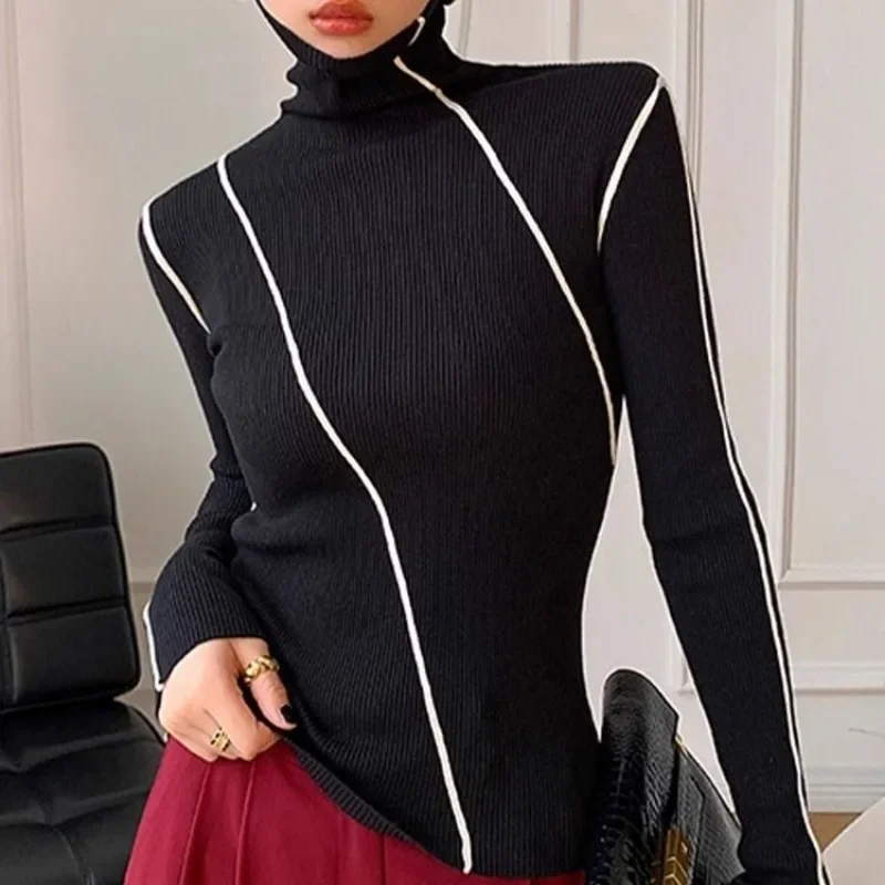 Spring Turtleneck Solid Color Pullover Women's Clothing Sweater Knitted Casual Long Sleeve Screw Thread Comfortable Tops JJ156