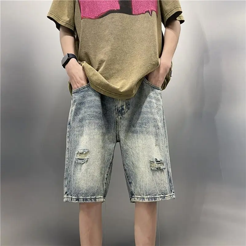Mens Gradient Wash Ripped Distressed Loose Fit Denim Bermuda Short