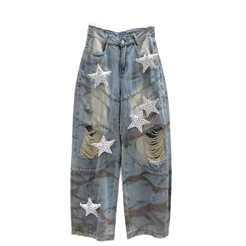 WTHT Vintage Summer 2026 Women Star Decoration Irregular Hole Design Denim Pants High-waist Gradient Washed Jeans Female 1LS3134