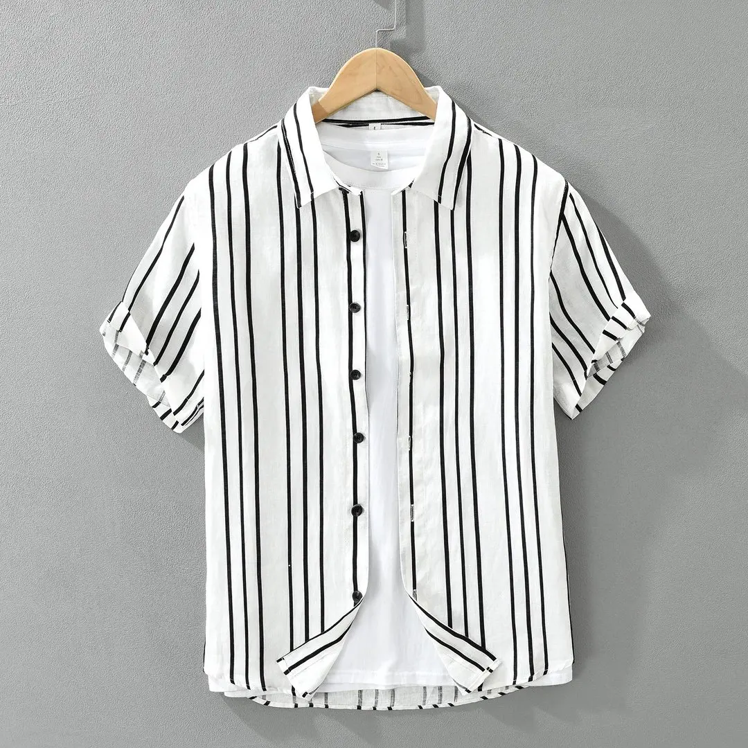

2026 Summer New 100%Linen Short Sleeve Shirt for Men Casual Turn-down Collar Striped Shirts Male Beach Vacation Clothes