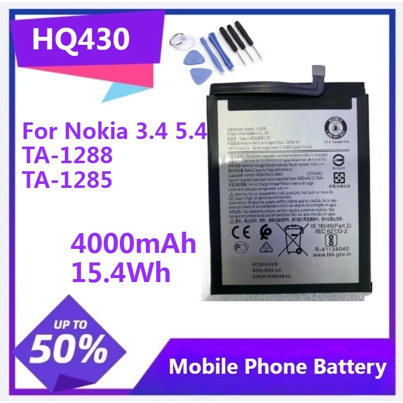 

HQ430 Battery for Nokia 3.4 5.4 TA-1288 TA-1285 TA-1283 TA-1333 TA-1340 TA-1337 4000mAh 15.4Wh Moblie Phone Battery with Tool