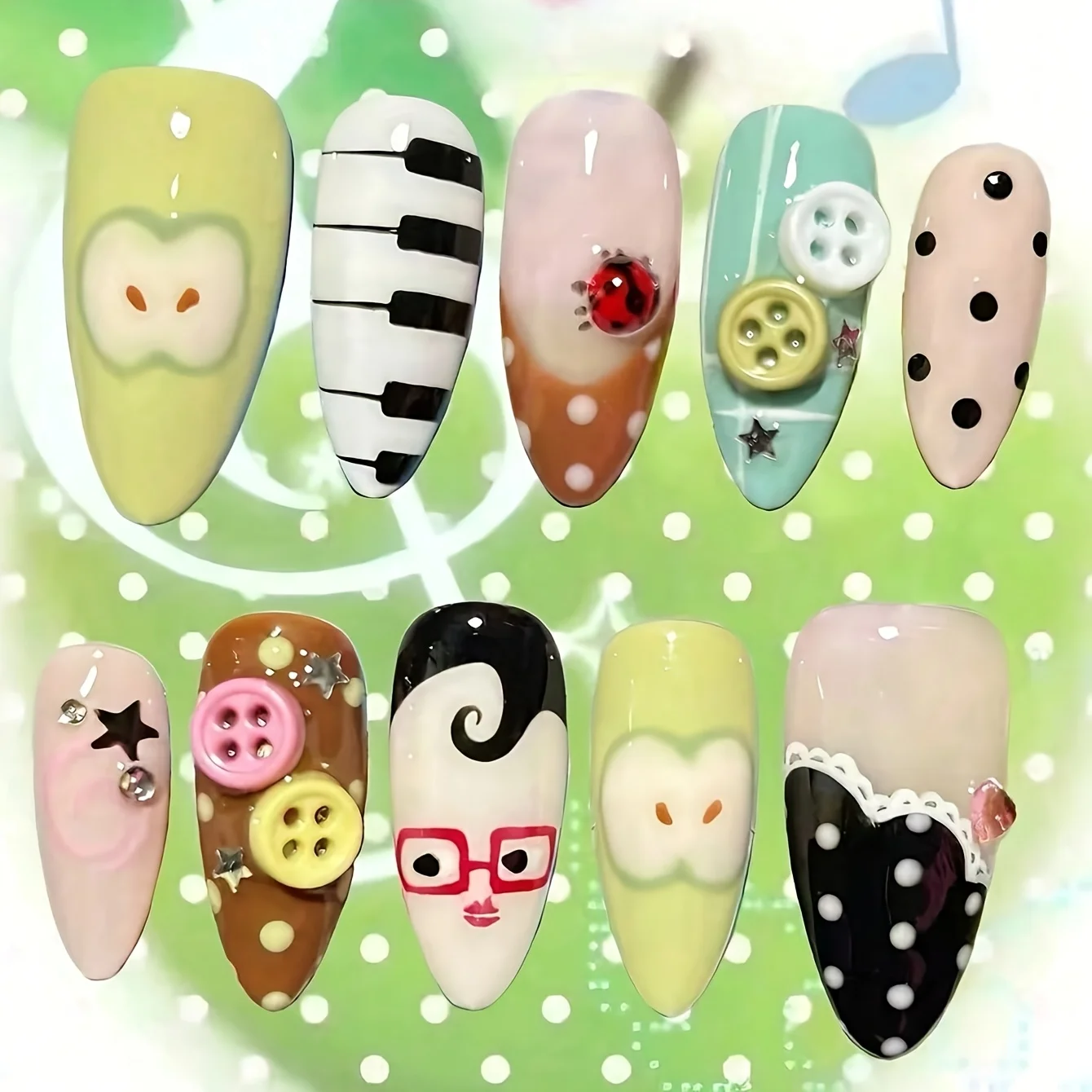 10pcs Medium Almond Long Nails Light Green White Black Nude Brown Mint Blue Press On Nails with Piano Key Apple Ladybug Buttons view 2