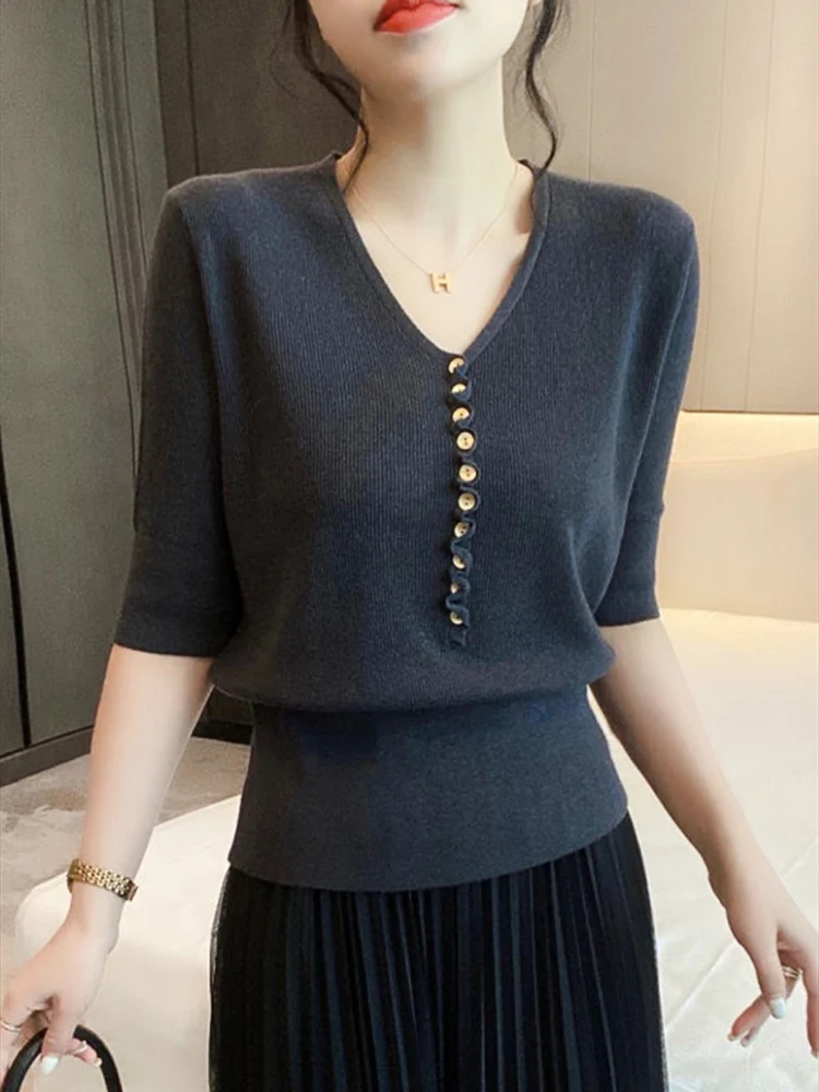 

Women Sweater Ruffled V Neck Button Short Sleeve Solid Slim Tops Chic Loose Elegant Korean Fashion Summer Knit Tee Clothing