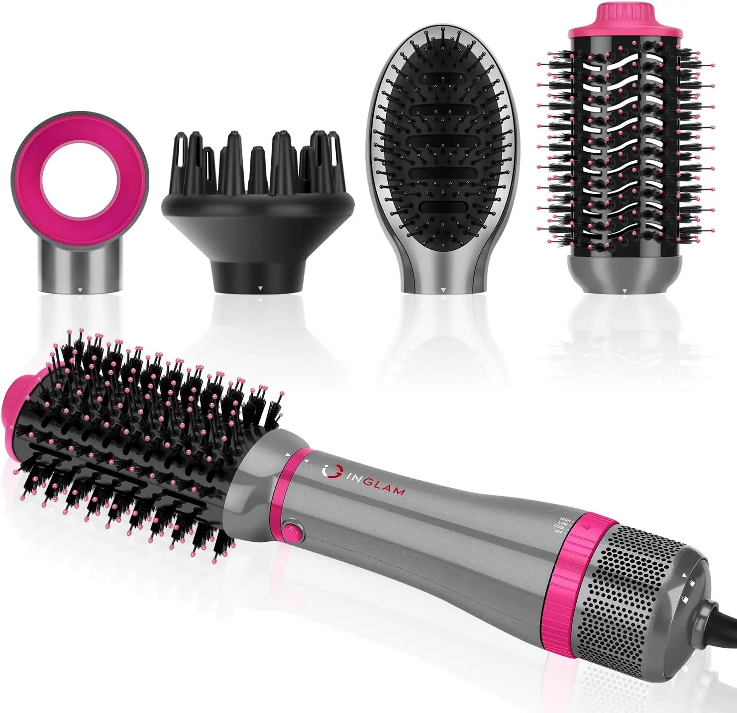 INGLAM 4 in 1 Blowout Brush, Negative Ion Detachable Hair Dryer & Styler Volumizer Hot Air Brush with 2 Styling Brush Heads,