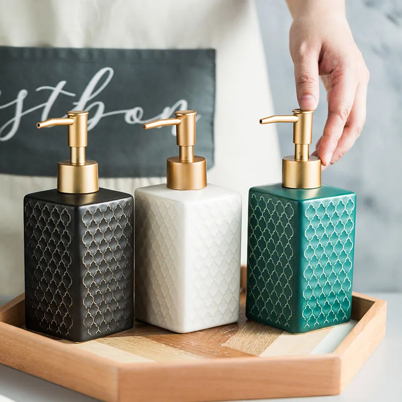 Grid Pattern Ceramic Soap Dispenser Shower Gel Shampoo Bottle Travel Portable Bathroom Accessories Liquid Container