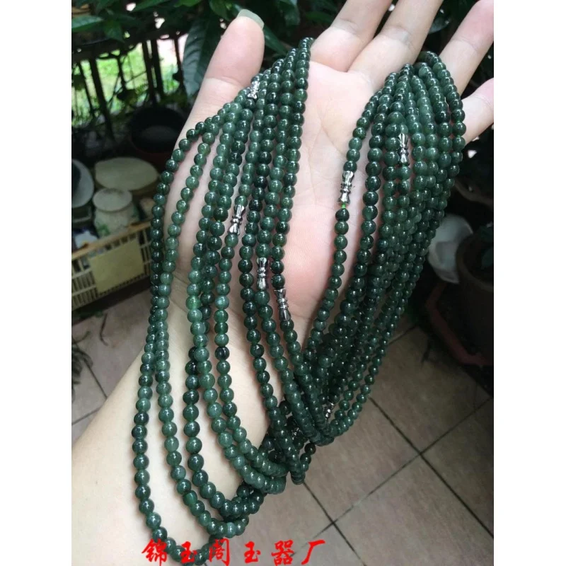 Burma Jadeite Mine Timber Ice-like Green round Beads Necklace Women's Exquisite Sweater Chain Pendant Lanyard