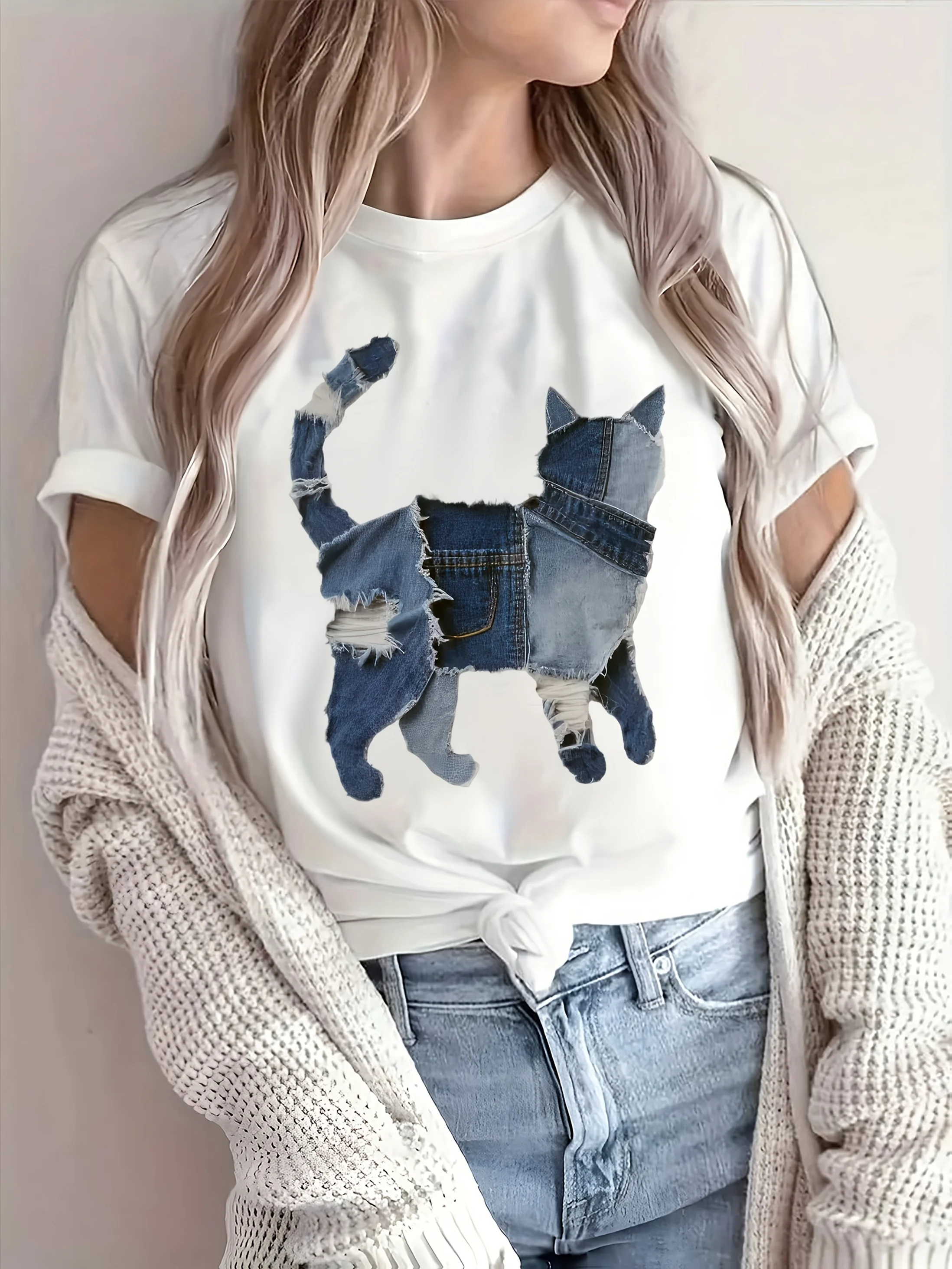 

Женская повседневная футболка с абстрактным животным принтом - белая повседневная рубашка с круглым вырезом и абстрактным принтом Футболки с графическим принтом Женская одежда