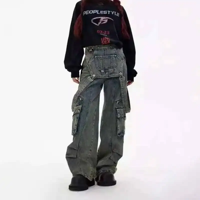 HKSH Men Tide Niche Functional Denim Pants Vintage Stylish Shoulder Strap Design Jeans Patchwork Casual Trendy Overalls HK4042