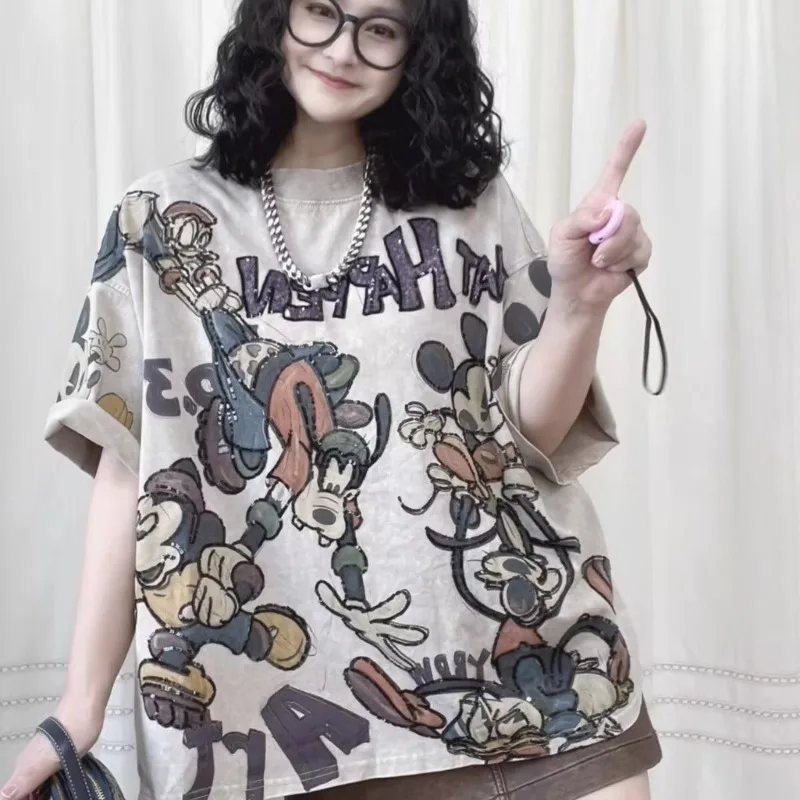 

Oversized Chubby Girl Loose Cartoon Sequins Mickey Casual Short Sleeved T Shirt Women Korean Version Streetwear Harajuku Tops