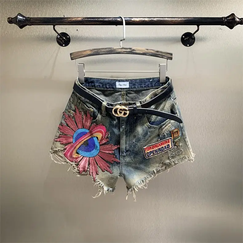 

Embroidered Star High Waist Loose Wide Leg Jeans Shorts Women's Casual Summer Fashion Comfortable Fit Bootcut Hot Pants