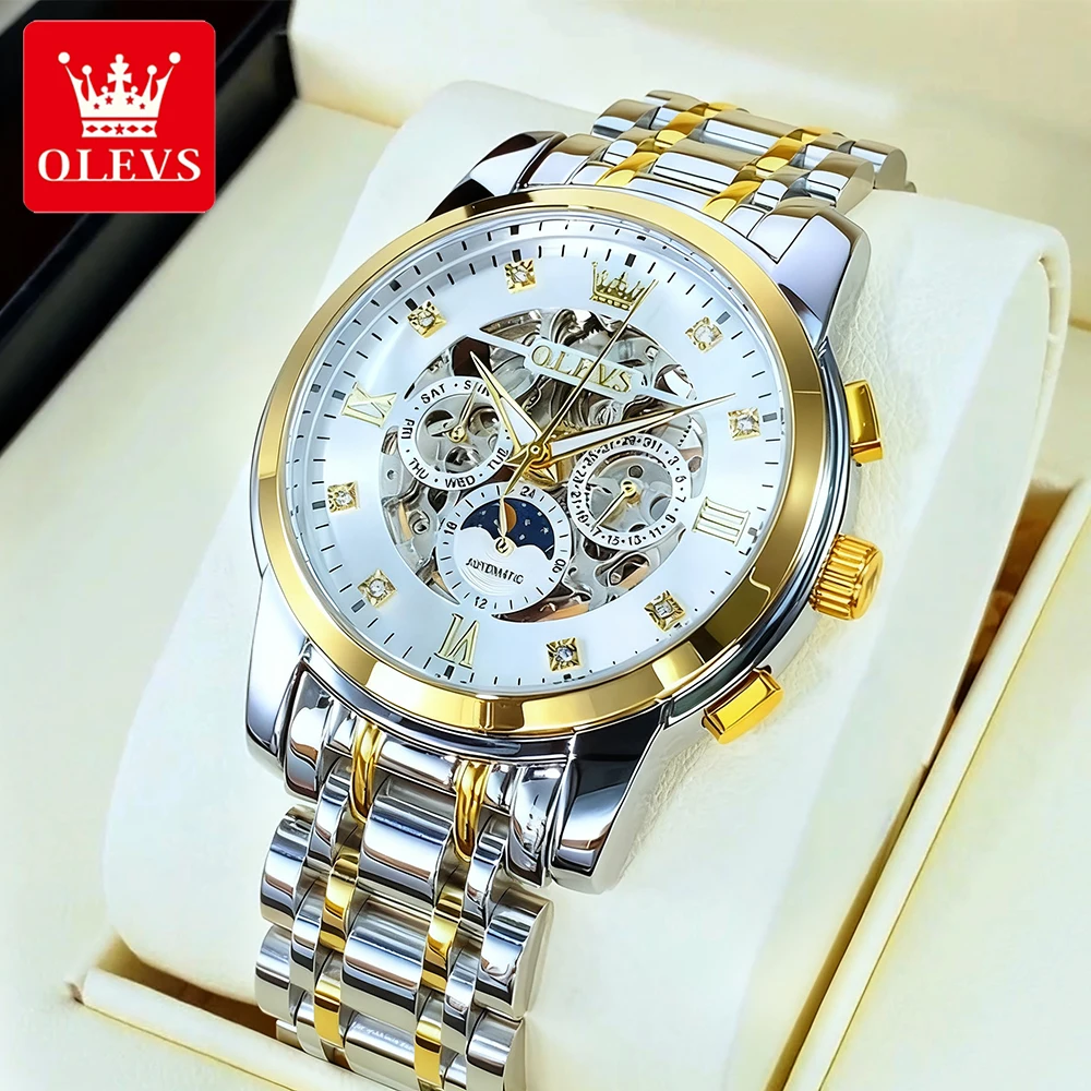 OLEVS Mode herren Uhren Top Marke Edelstahl Original Automatische Mechanische Armbanduhr Aushöhlen Selbst-winding Schwungrad