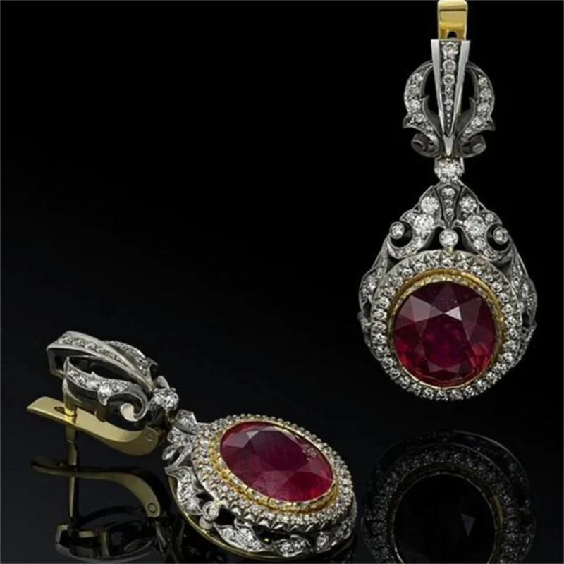 Enchanting Round Water Drop Geometric Flower Earrings For Women Silver White Red Stone Party Pendant Earrings For Women