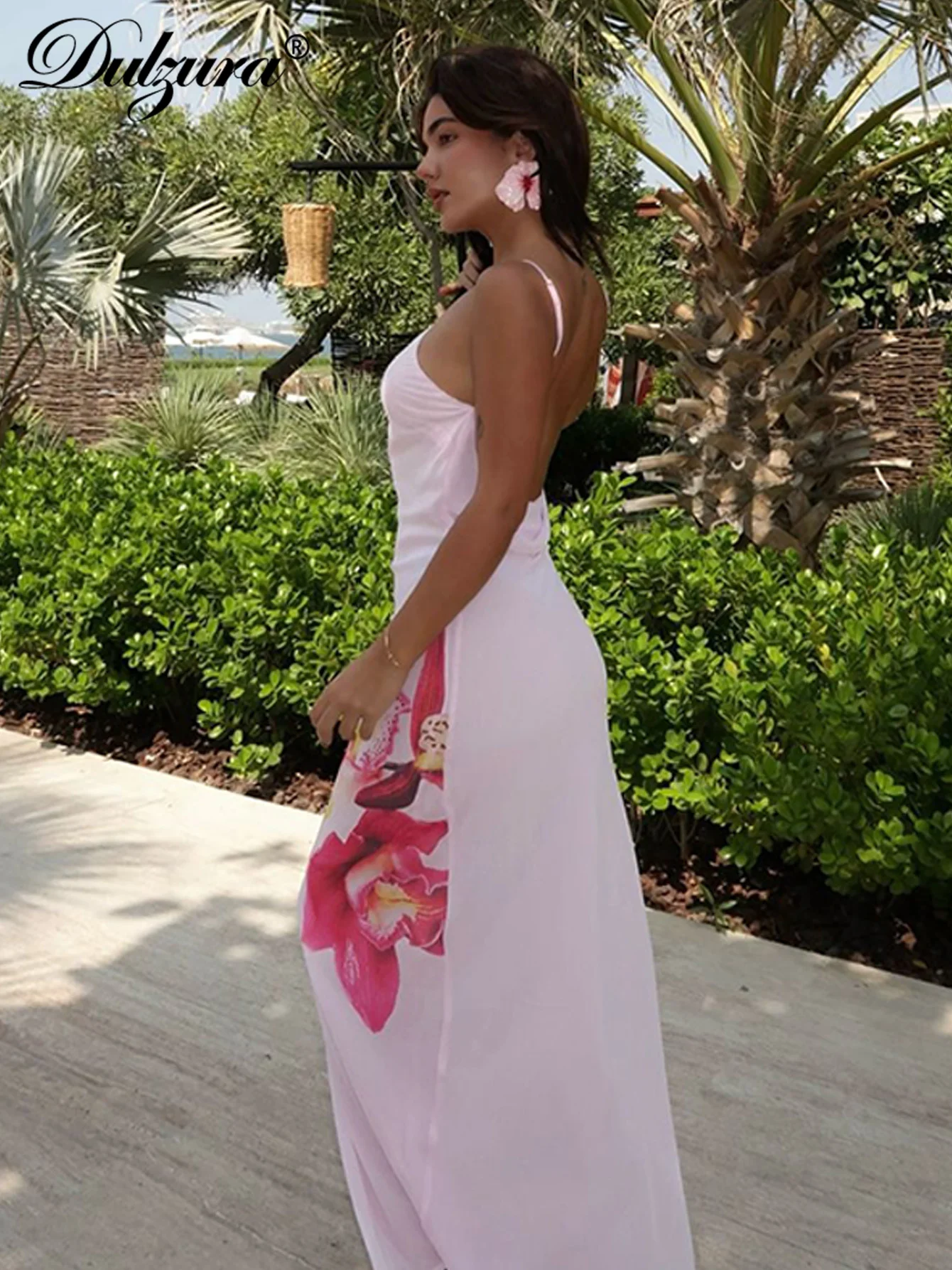 Dulzura Sleeveless Backless Bodycon Flower Print Mesh Cami Maxi Dress Sexy Elegant Long Dresses Party Clubwear Summer Outfit