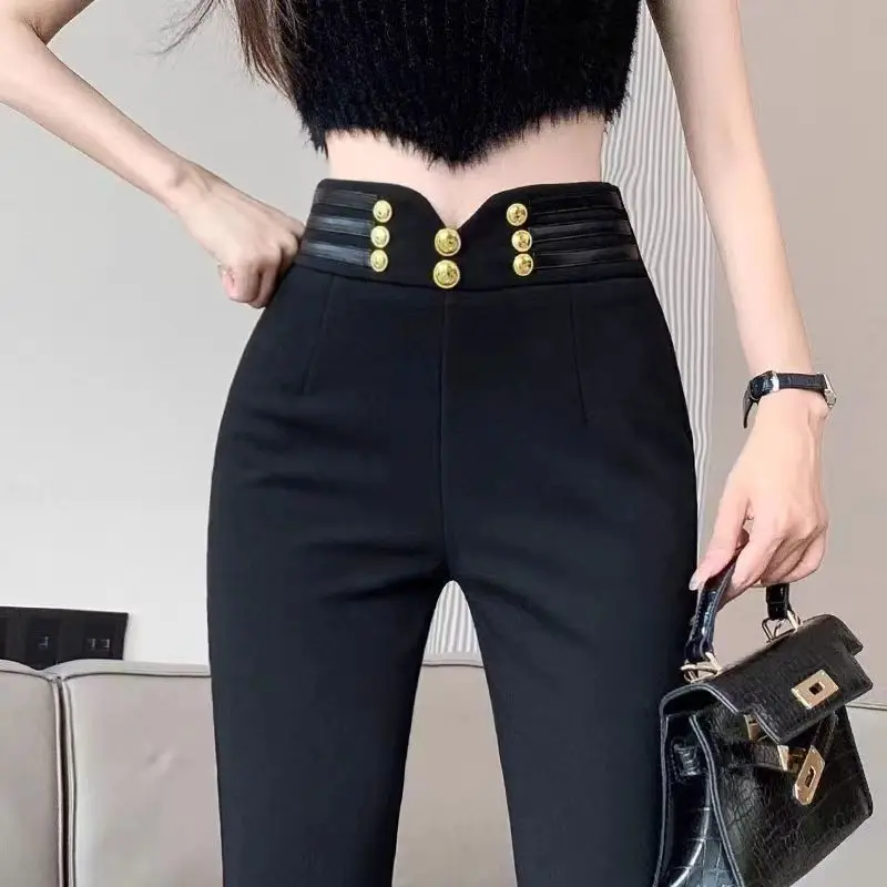 

Women High Waist Flared Pants Slim Fit Casual Black Nylon Trousers