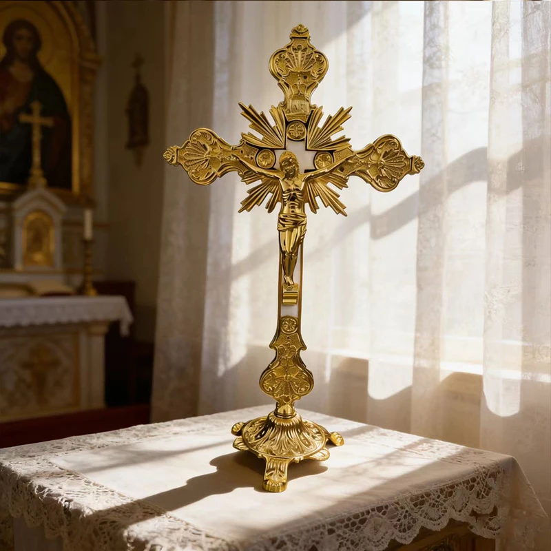 Neues 2026 Traditionelles Vergoldetes Orthodoxes Kruzifix mit INRI-Gravur, Stehendes Kreuz für Altarausstellung und Gottesdienst-Rituale, Geschenk – Detail 6