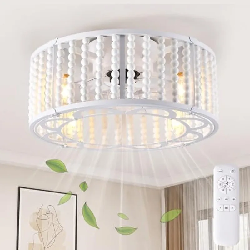 

Ceiling Fans with Lights and Remote, 18" Boho Caged Ceiling Fan with Wood Beaded, Low Profile,Flush Mount 6 Speeds, Ceiling Fan