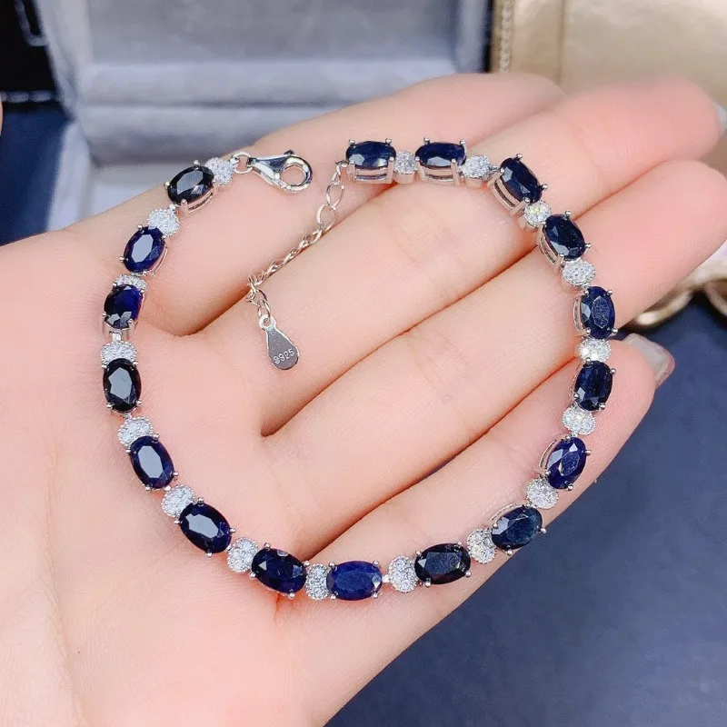 100% Hot Natural Dark Sapphire 4*6MM 17PCS Stone 925 Silver Jewelry Charm Bracelet for Women Christmas Gift YULEM