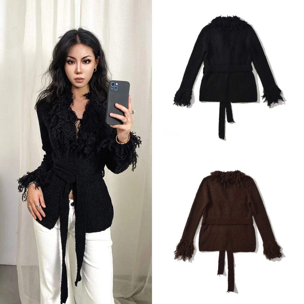 

Women Knitted Tassel Cardigans With Belt Long Sleeve Solid Tassel Knitted Cardigan Women Elegant Vintage Fringe Sweater Jackets