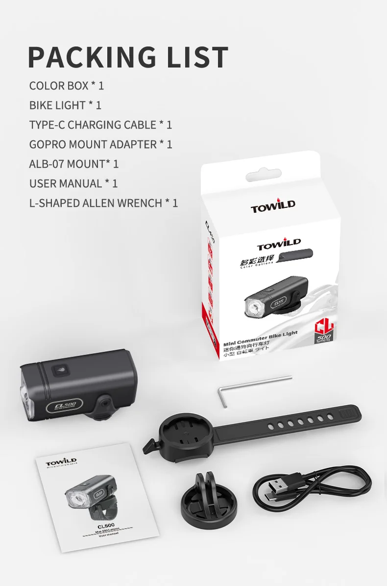 TOWILD CL500 Bicycle Lights Intelligent Mini Bike Light 500 Lumens Cycling Front Lamp Ipx6 Compact Headlights Bicycle Flashlight