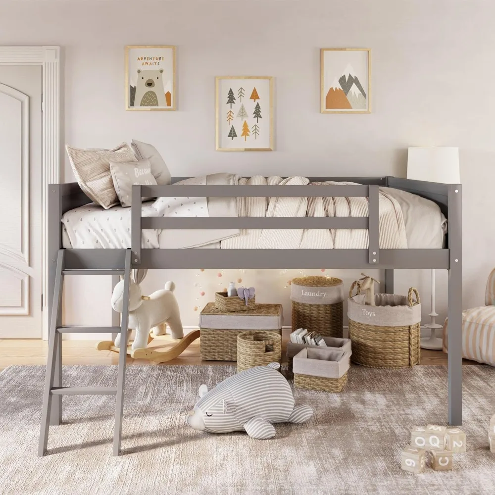 Low Loft Bed: Wooden loft Bed with Ladder, Low Loft Bed with Full Guardrail,Ladder can be Placed on The Left or Right