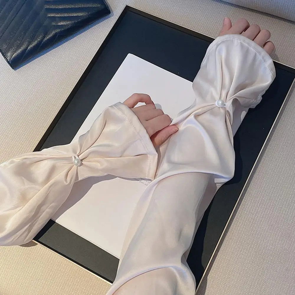 

Summer Satin Silk Long Sleeve Pearl Buckle Sun Protection Cycling Sleeves Breathable Arm Protectors Women Running Driving Sleeve