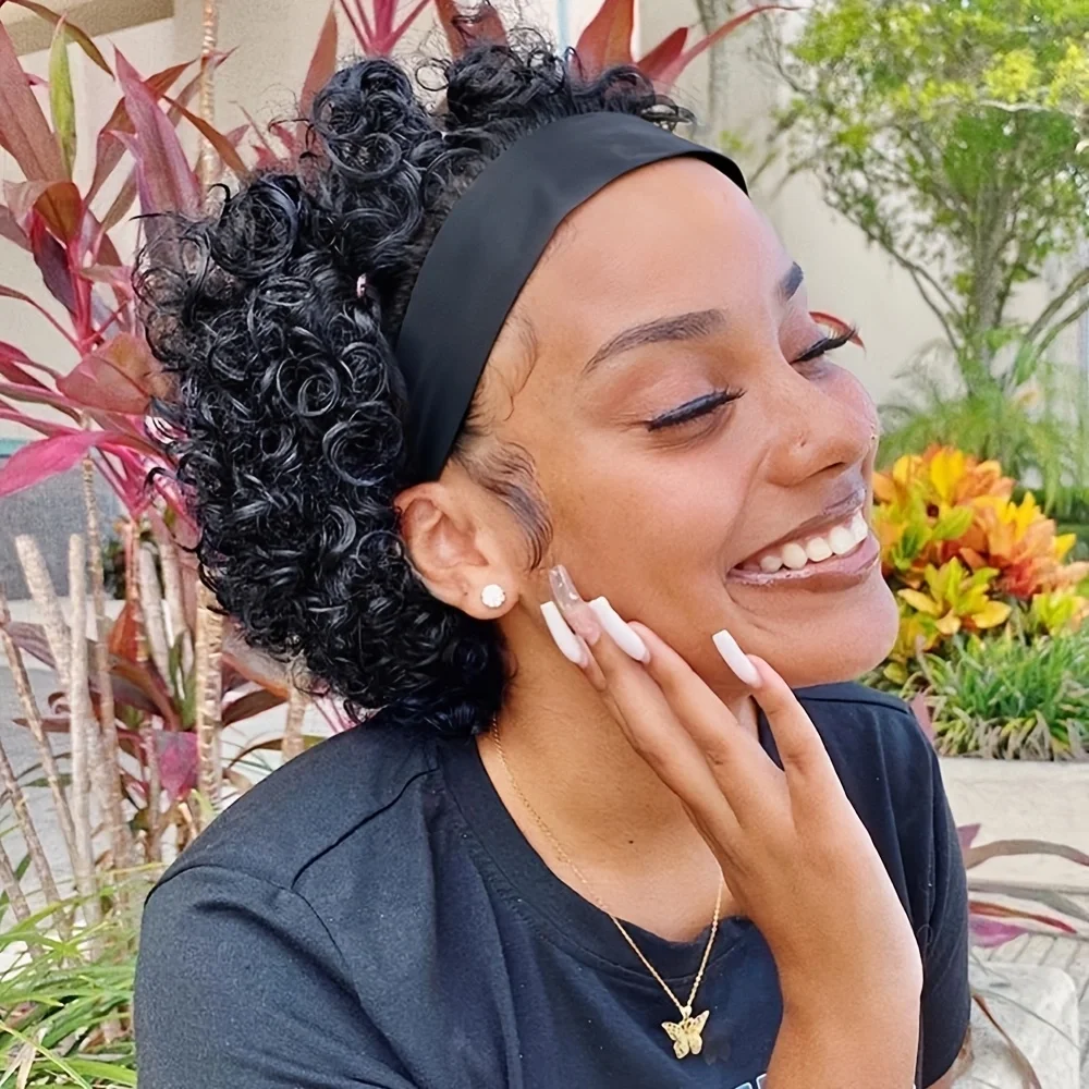 Headband Wig Pixie Cut Human Hair Wig Machine Made Pixie Wig Natural Black Color Curly Wave Pixie Wig for Women Curly Wig for Daily Use Halloween&Party