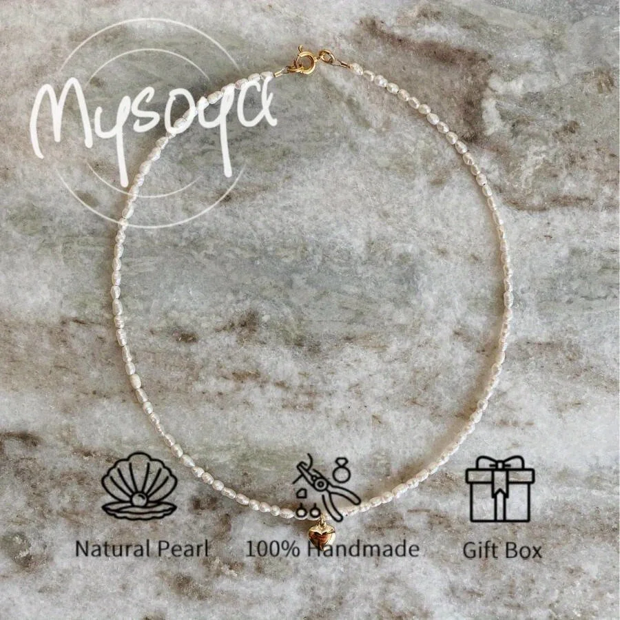 

Ожерелье Mysoya из пресноводного жемчуга в форме белого риса с подвеской в виде сердца, жемчужины 4-5 мм, для него и для нее, на дни рождения и свадьбы