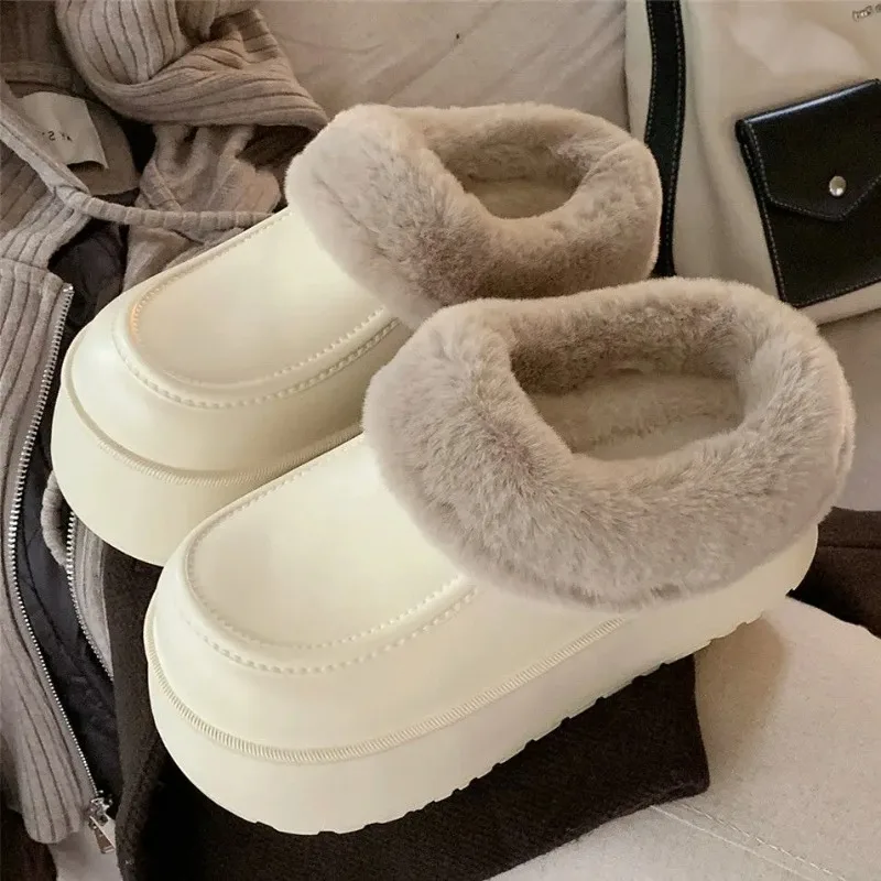 

Winter Platform Warm Cotton Shoes for Women Plush Wateproof Lamb Wool Thick-Soled Snow Boots for Women Leather Velvet Slippers