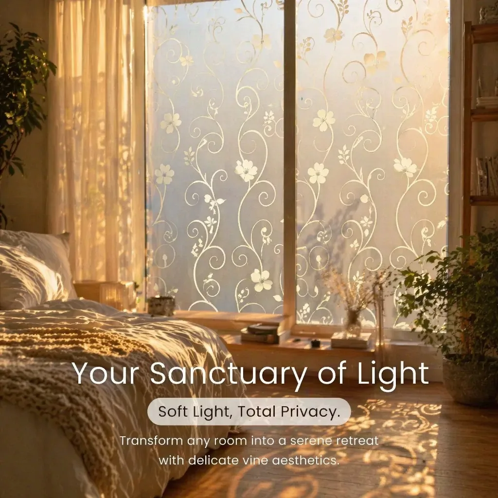 Self Adhesive Floral Vine Frosted Window Film, Curly Scroll Flower Privacy Glass Sticker Anti UV Opaque Self-Stick Window Tint