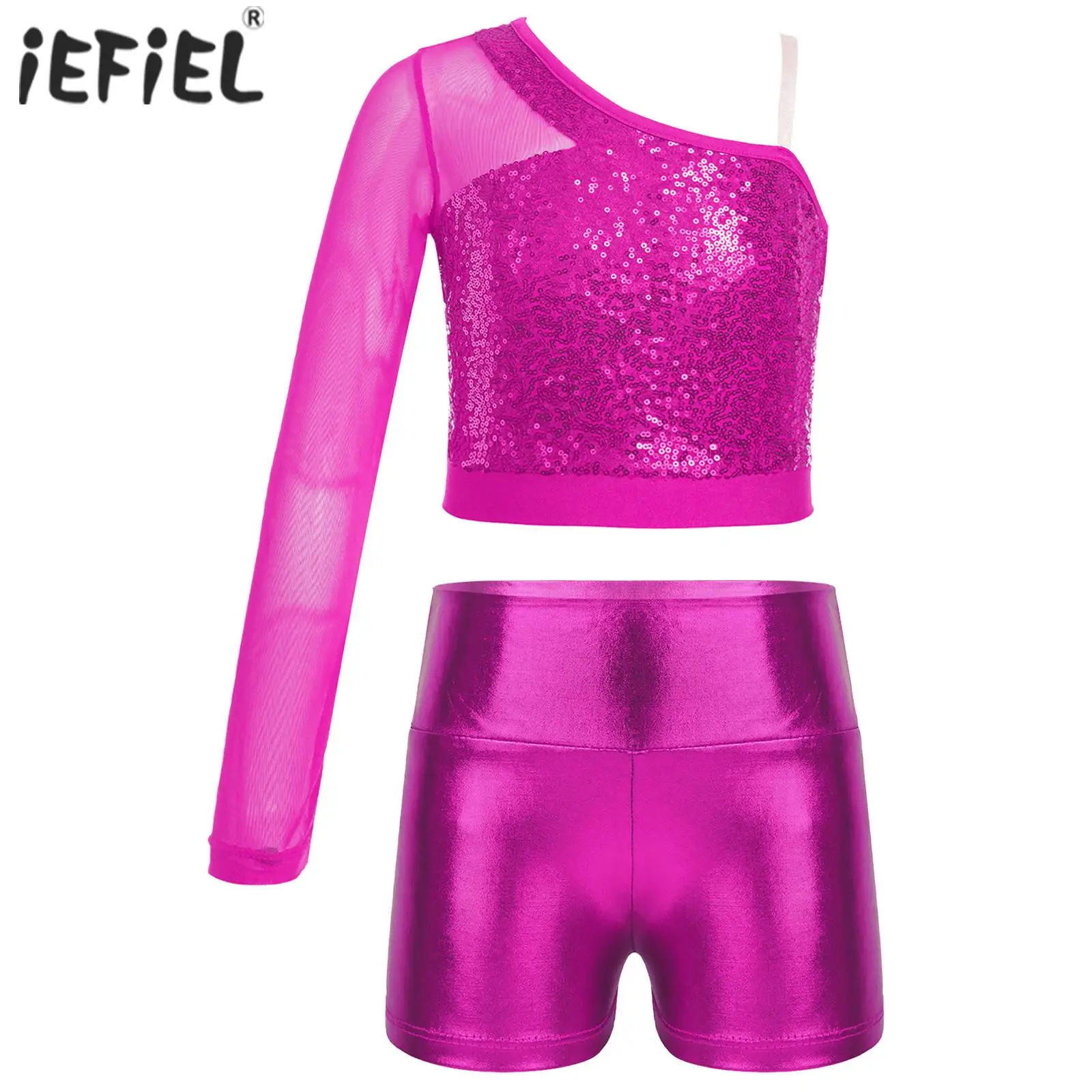 Traje de baile de Ballet para niñas, Top de baile con lentejuelas brillantes, Top corto de manga larga de malla transparente con pantalones cortos metálicos brillantes