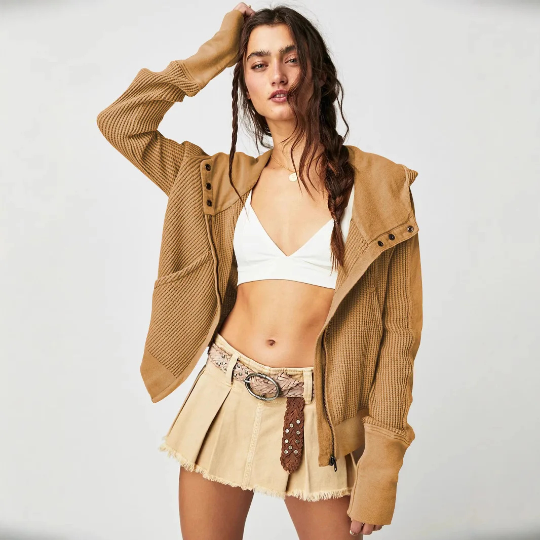 Women's Zip Up Hooded Sweatshirt Waffel Pocket Short Knit Sweater Jacket Solid Long Sleeve Spliced Sweatshirt Hoodies