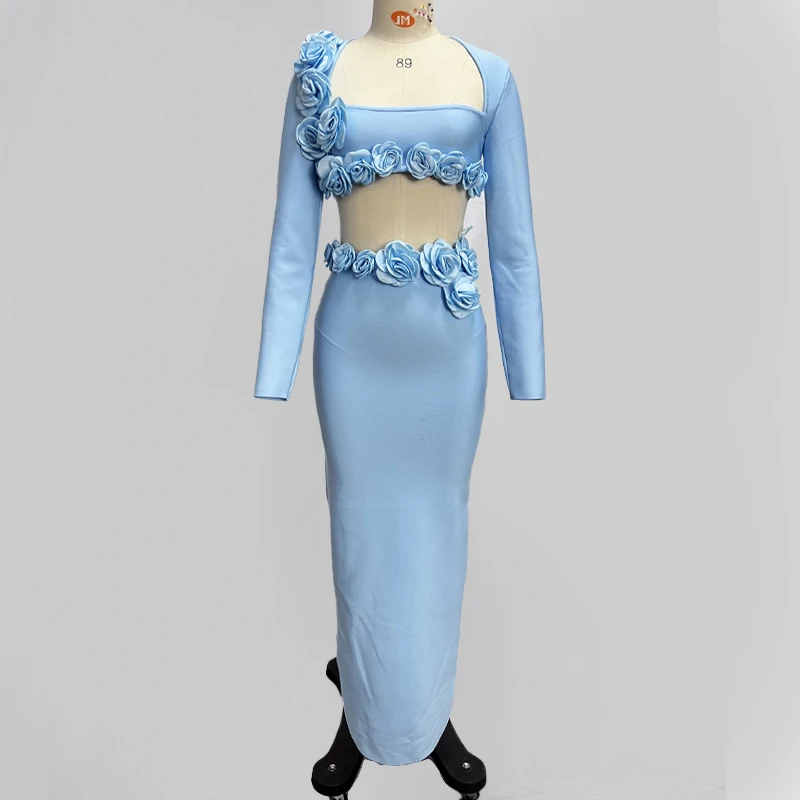 

New BlueThree-dimensional Flower Decoration Square Collar Long-sleeved Skirt slim Two-piece Socialite Cocktail Dress Summer 2024