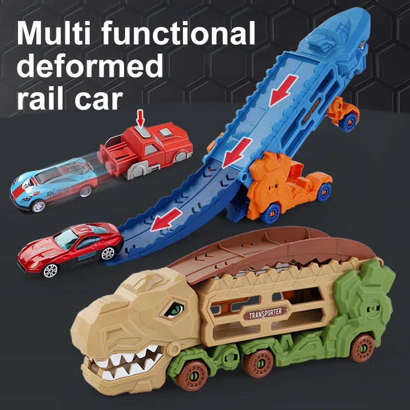 Wielofunkcyjny zestaw zabawek z deformowanymi wagoneskami: tor dla dinozaurów, transformujące się samochody i rampa startowa - idealny na Boże Narodzenie, Halloween